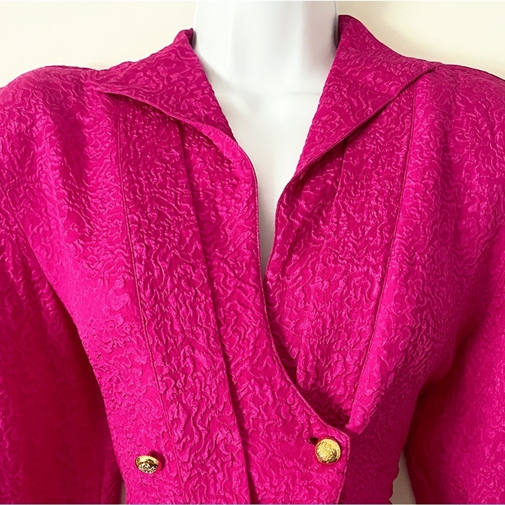 Vintage Silk Hot Pink Button-Up Statement Shoulder Barbiecore Long Sleeve Blouse - Picture 11 of 14